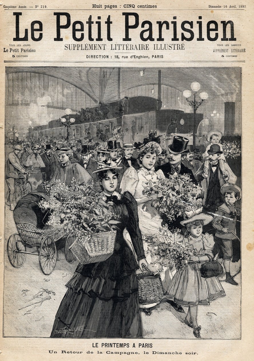 Vender tilbage fra landet en forårssøndag aften: rejsende forlader togene på en Paris-station efter at have gået langs Marnes bred eller Seinen. Forår i Paris En af avisen "Le petit Parisien"" den 16/04/1893 (gravering) af French School