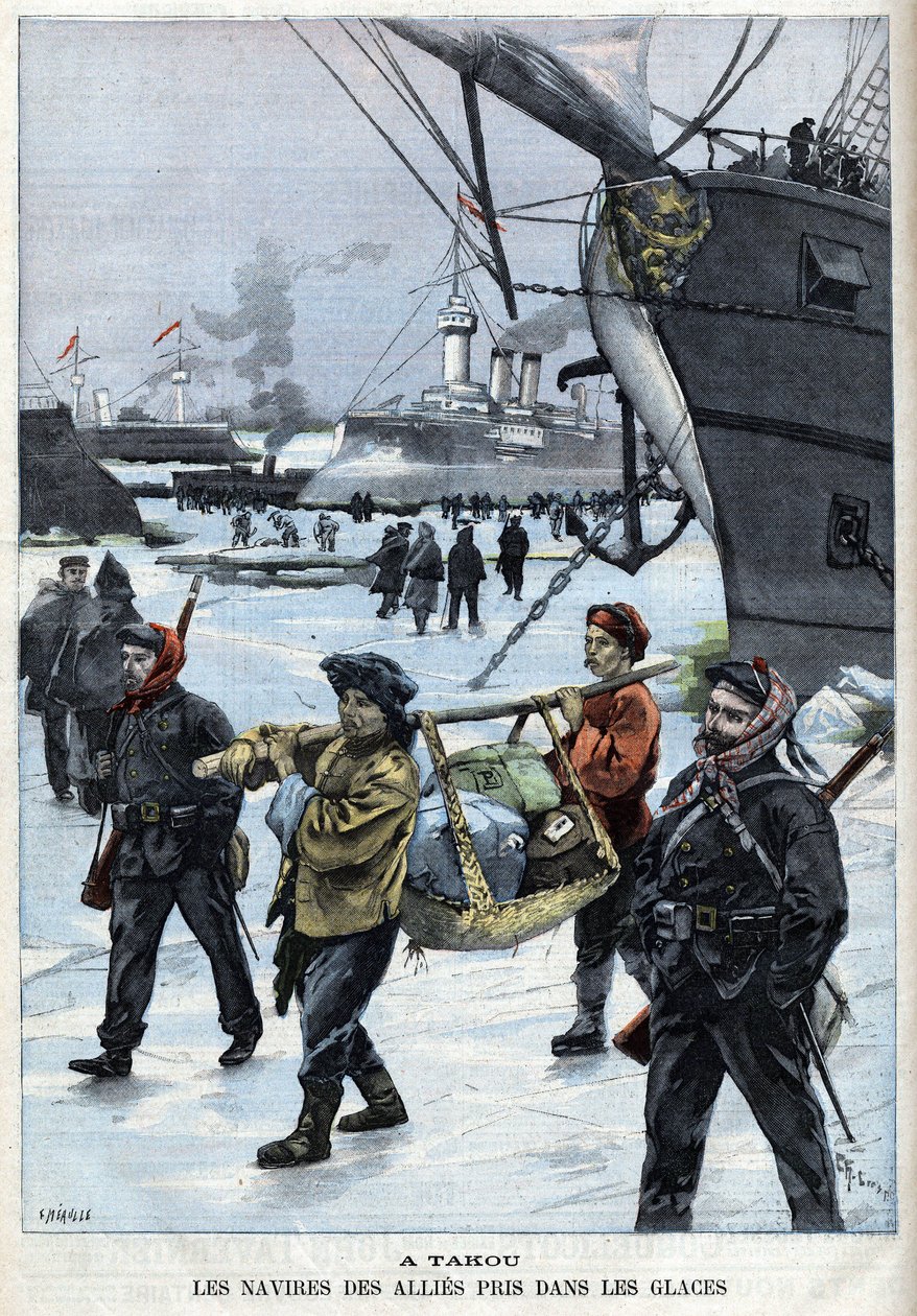 Revolt des Boxers (1898-1900) de allieredes skibe i isen Atakou. i "" Le Petite Parisien"" af French School
