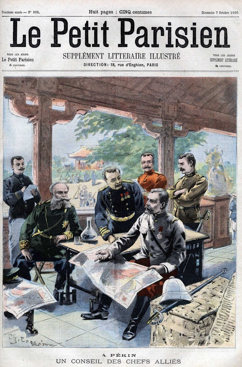 Revolt des Boxers: Un conseil des chefs alllied (fransk, russisk, amerikansk, engelsk, japansk) (ALLIEREDE KRIGSRÅD) - i "Le Petit Parisien" af French School