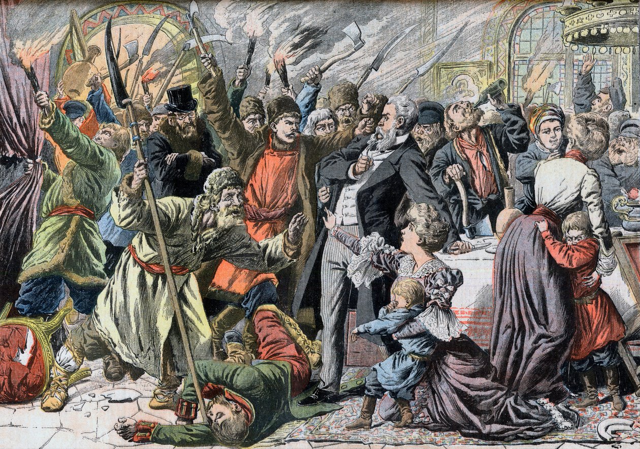 Revolution of 1905 - Oprørende russiske bønder invaderer et landsted. Jacquerie i de russiske provinser. Russiske bønders invasion af et slot gør oprør. Illustration til Le petit Journal, 2. april 1905. af French School