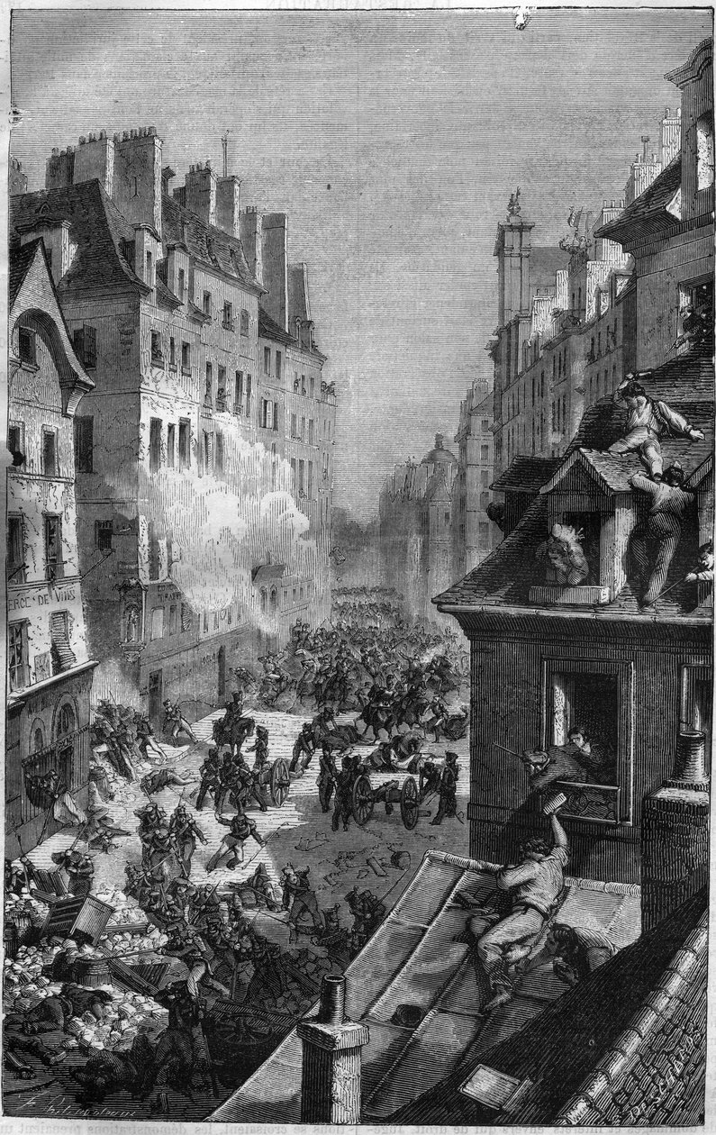 Revolution af 1830: kamp i faubourg Saint Antoine. Indgravering i "Historien om paver-konger-dronninger og kejsere gennem århundrederne"" af Maurice Lachatre af French School