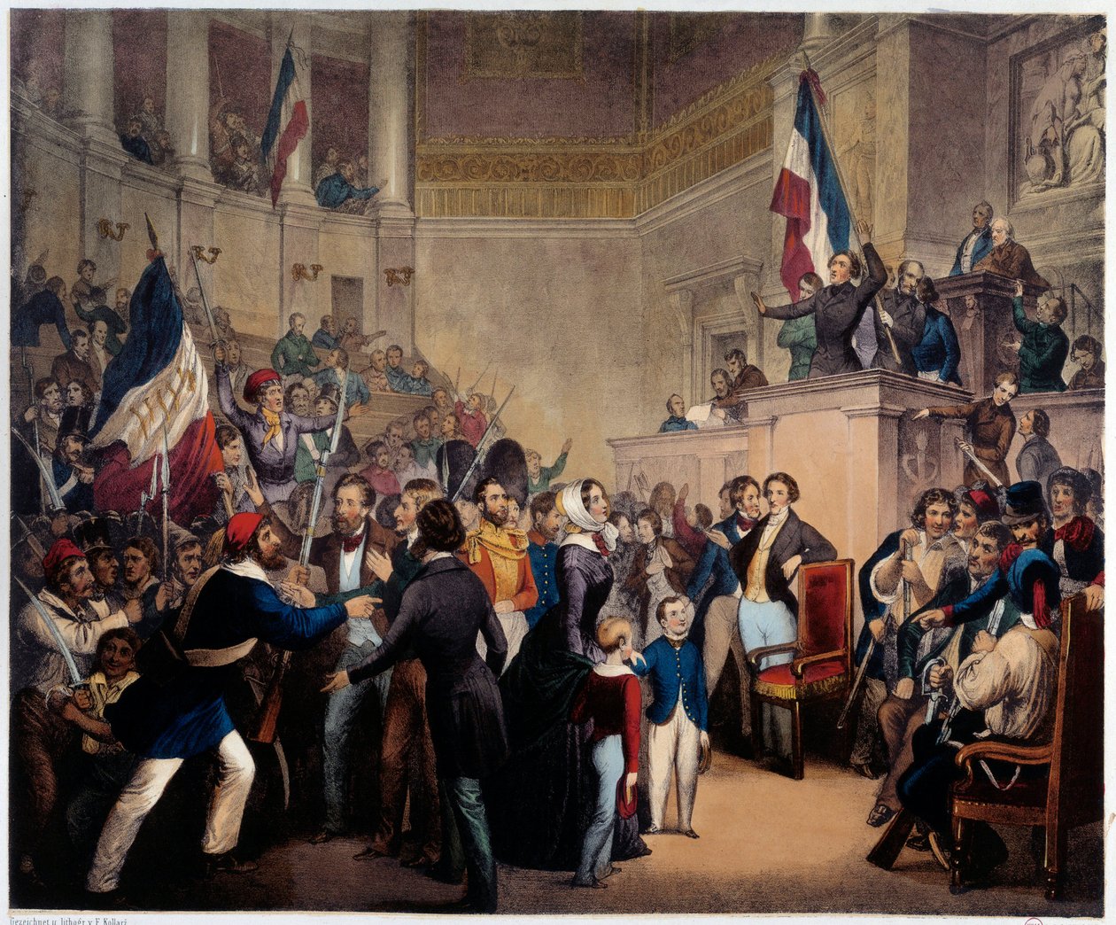 Revolution i 1848. Hertuginden af Orleans optræder i Deputerethuset (Nationalforsamlingen) med sine børn for at opnå Regency (24. februar af French School
