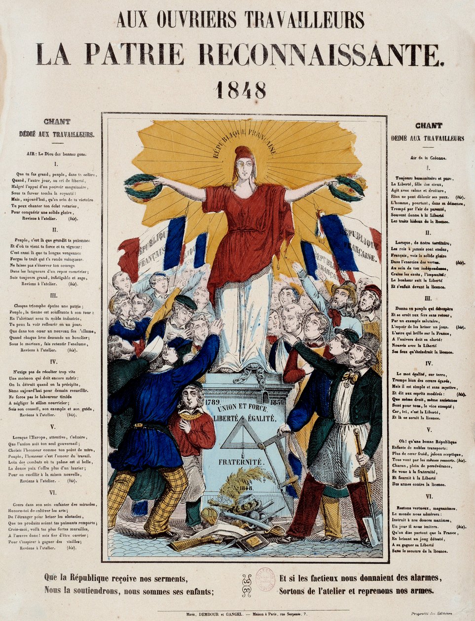 Revolution i 1848 og fødslen af den anden republik: manifest og sang med titlen "Til arbejdere, det taknemmelige hjemland", Republique bliver mødt af arbejderne. 1848 Paris, Musee Carnavalet af French School