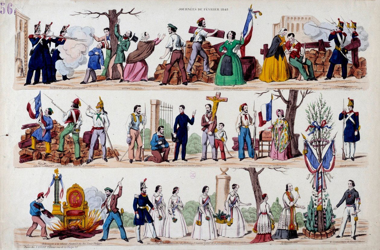Februarrevolutionen 1848: de store øjeblikke af opstanden den 23. februar, barrikaderne, derefter forbrødringen mellem soldater, arbejdere og borgerlige, ødelæggelsen af symbolerne på magtsymbolerne fra Louis Philippe I (Louis-Philippe) og til sidst af French School