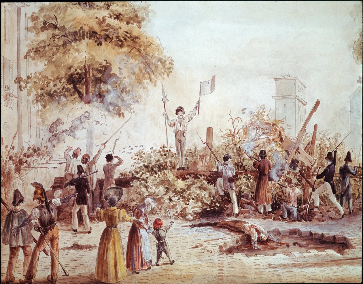 Julirevolutionen i Paris - Barrikade i Boulevard Saint Martin den 1. august (akvarel, ca. 1830) af French School