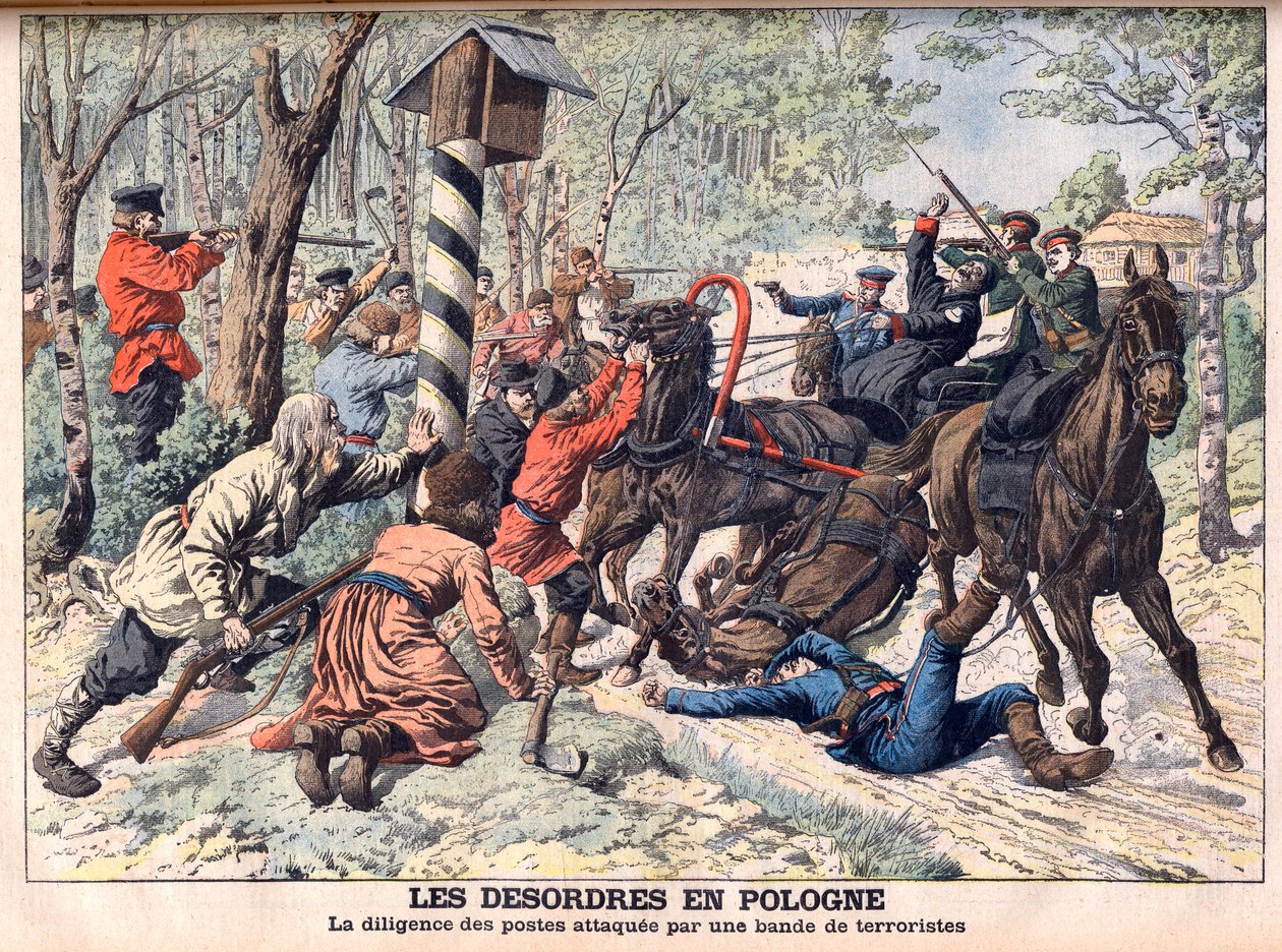 Revolutionær i Polen - Terrorister angriber en postvogn i Polen. Deorderne i Polen. Flid af de stillinger, der blev angrebet af en bande terrorister. Illustration til Le petit Journal af French School