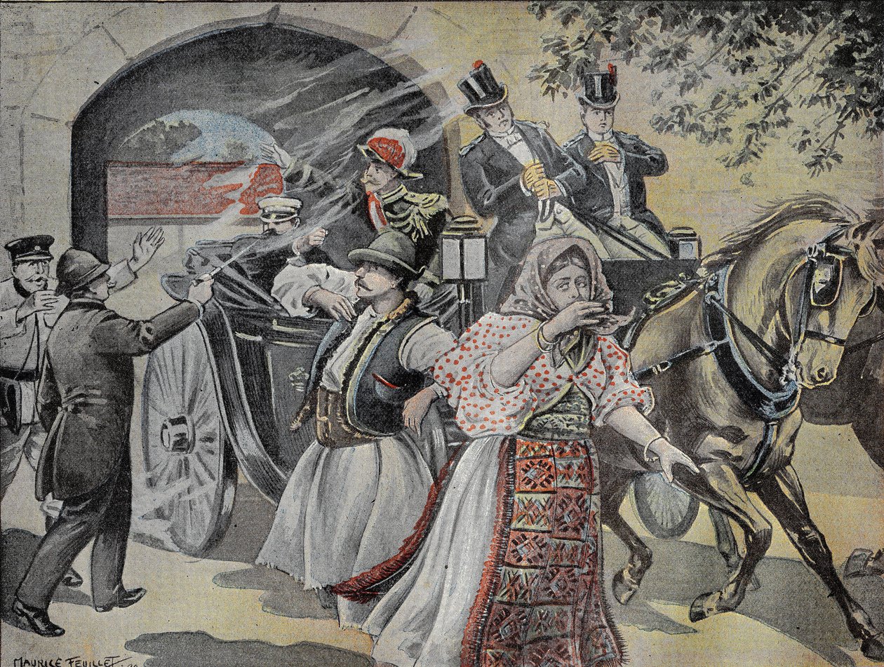 Revolverangreb på Milan Obrenovich (1854-1901) tidligere konge af Serbien (1882 til 1889) den 7. juli 1899 i Sofias gader. Indgravering i "" Le Pelerin"" 23/07/1899. af French School