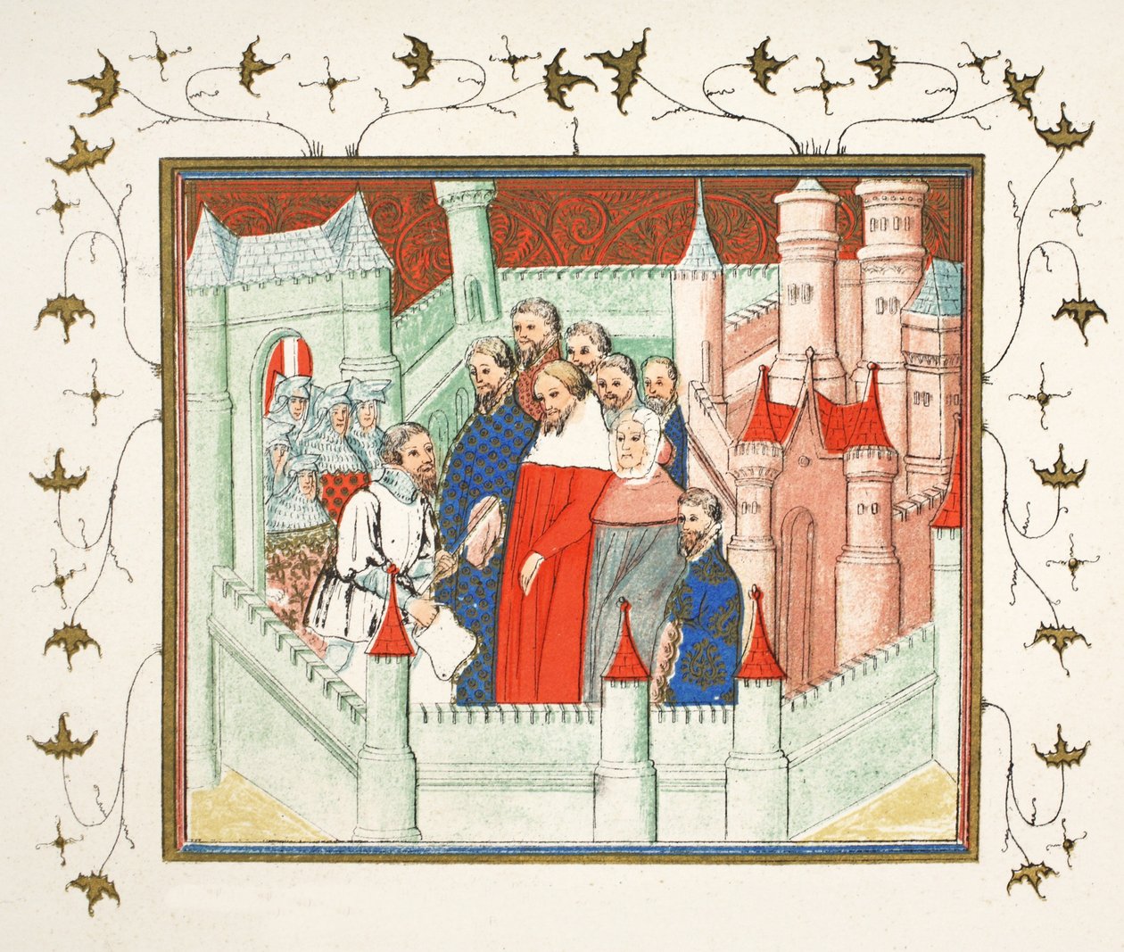 Richard II på Flint Castle, hvor han blev leveret til fange til Bolingbroke, hans rival til tronen, faksimilekopi fra Le Prinse et Mort du Roy Richart af Jean Creton, genoptrykt 1800-tallet (farve) af French School