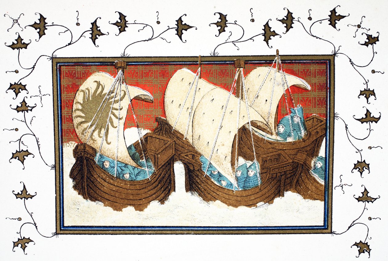 Richard IIs og hans flåde lander Milford Haven, faksimilekopi fra Le Prinse et Mort du Roy Richart af Jean Creton, genoptrykt 1800-tallet af French School