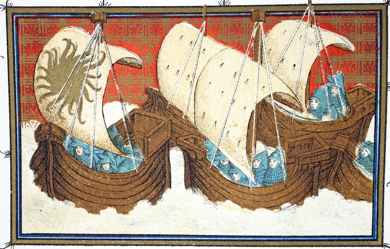 Richard IIs og hans flåde lander Milford Haven, faksimilekopi fra Le Prinse et Mort du Roy Richart af Jean Creton, genoptrykt 1800-tallet af French School