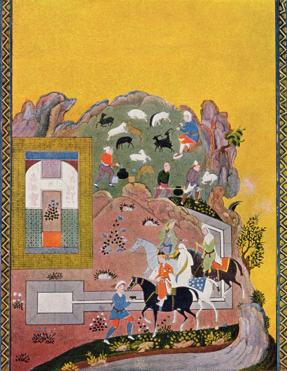 Rytter og hans harem, illustration til The Arabian Nights, 1895 (farvegravering) af French School