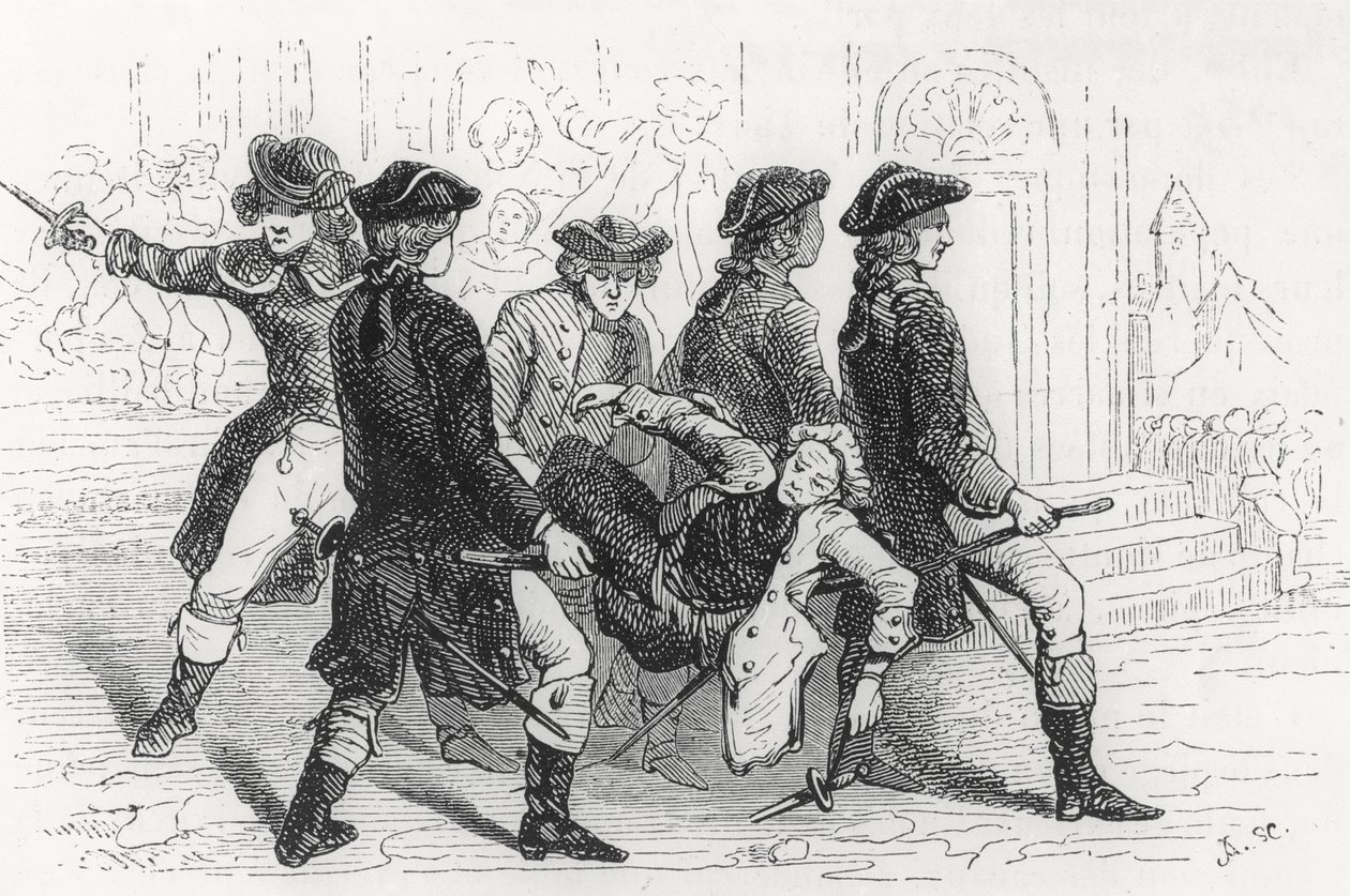 Optøjer i Rennes, såret gentleman, illustration fra Bretagne og Vendee, History of the Revolution in the West af Pitre-Chevalier (1812-63) udgivet af W. Coquebert 1845-48 af French School
