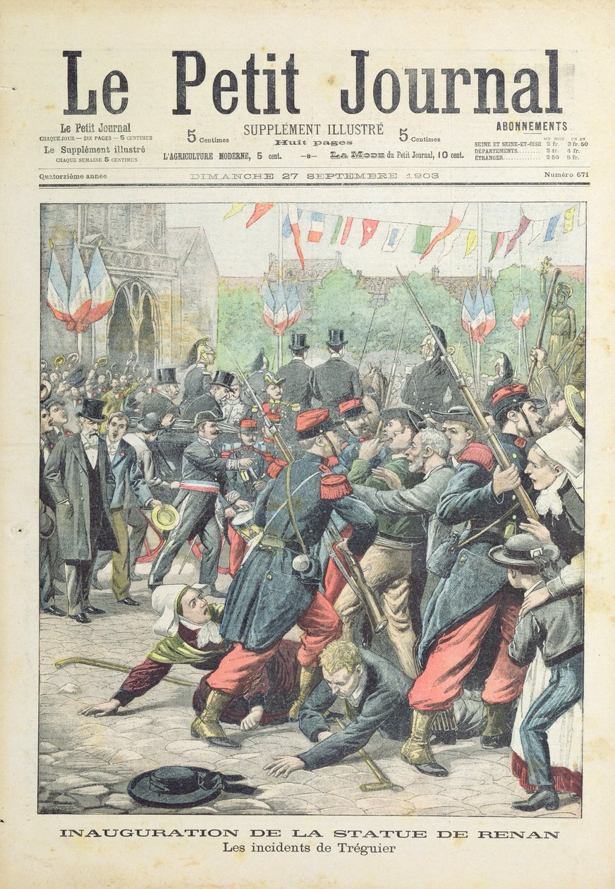 Optøjer i Treguier ved indvielsen af en statue af Renan, forsideillustration af "Le Petit Journal", 27. september 1903 af French School