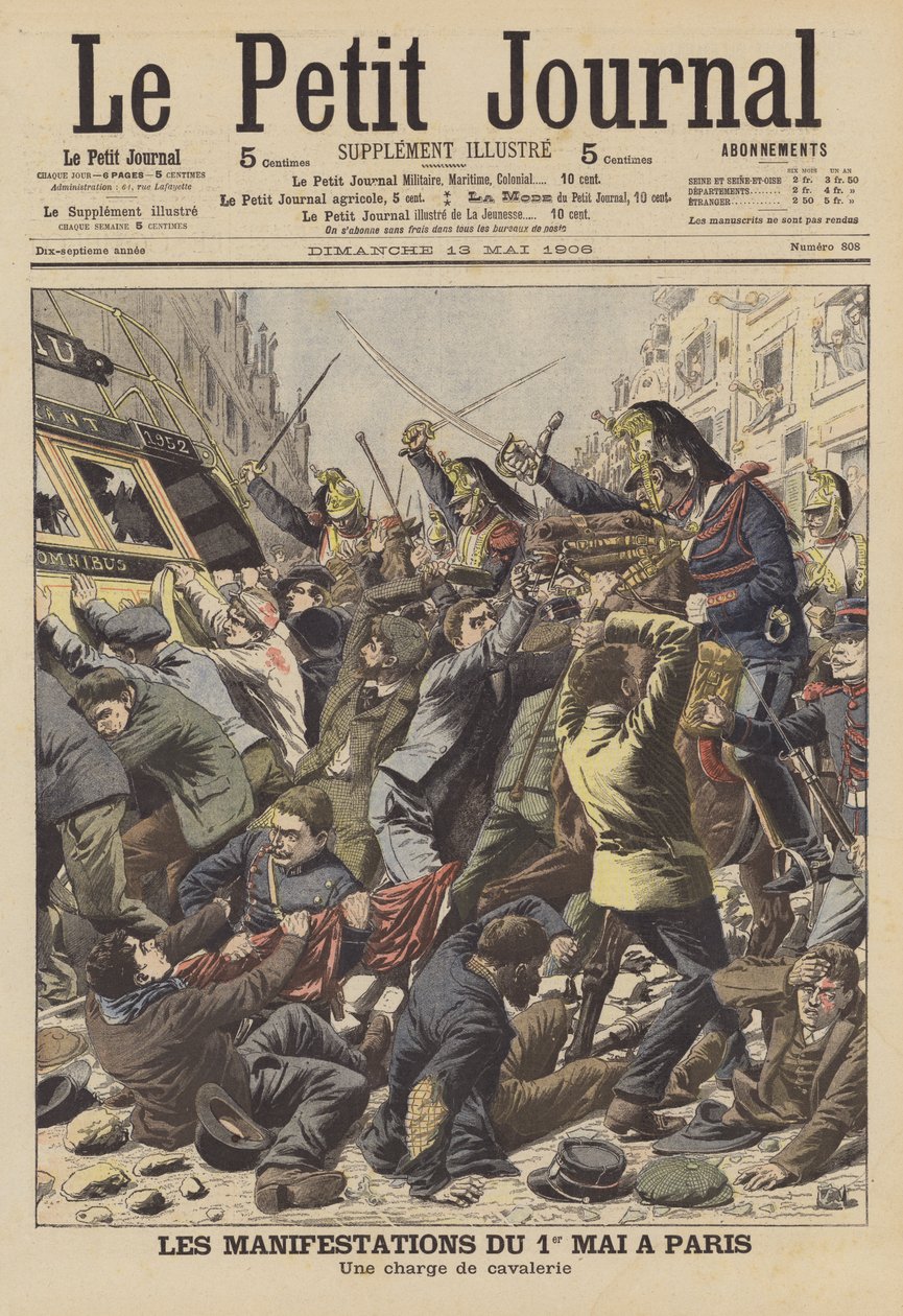 Optøjer i Paris på 1. maj (farvelitografi) af French School