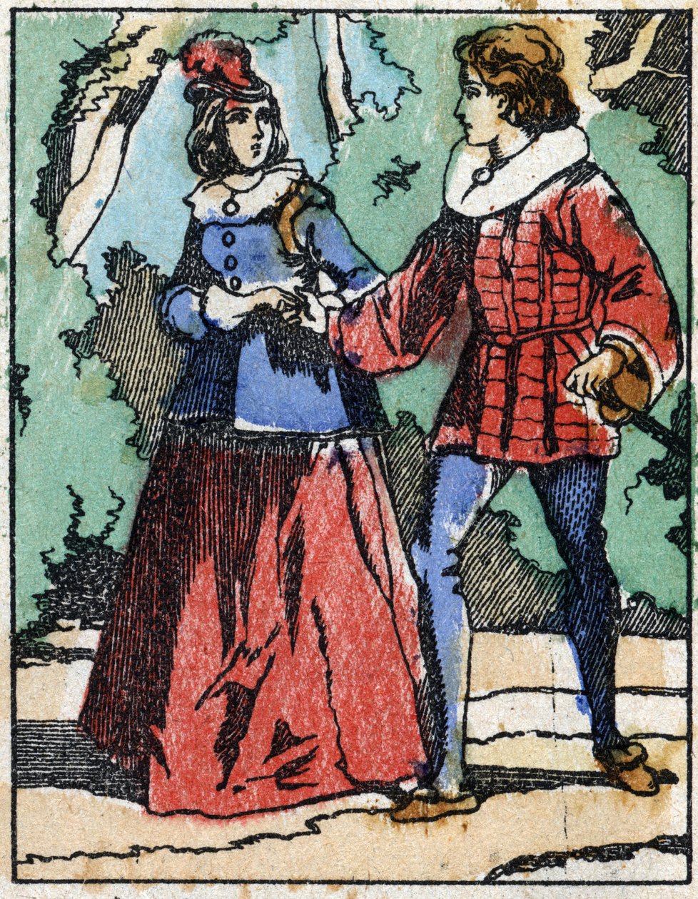 Riquet præsenterer sig selv for prinsessen igen. Illustration til "" Riquet a la houppe"", fortælling af Charles Perrault (1628-1703), fransk forfatter. Træstik af Imaging Pellerin - Epinal, sd. Slutningen af det 19. århundrede. af French School