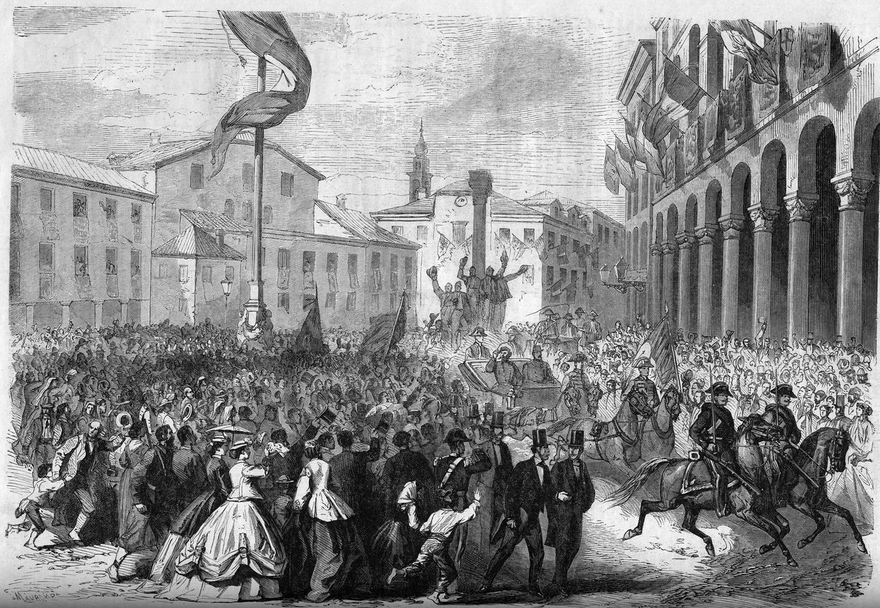 Risorgimento - Annektering af Venetien til Italien - 1866: den italienske konge Vittorio Emanuele II (Victor Emmanuel II) (Victor Emmanuel) (1820-1878) indtog i Rovigo. Indgravering i "" Le Monde Illustré"" nr. 488 af 18. august 1866. af French School