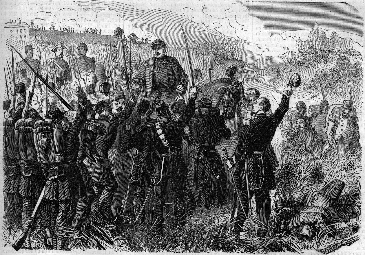 Risorgimento - Slaget ved Montebello della Battaglia (Italien), 21. maj 1859: Den franske general Elie Frederic Forey (1804 - 1872), øverstbefalende for den italienske hær, blev sejret af sine soldater efter sin sejr over den østrigske hær. Indgravering i  af French School