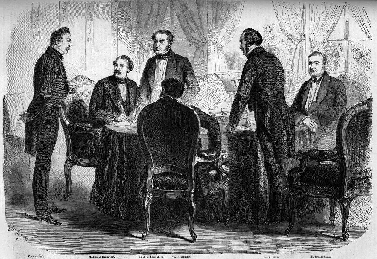 Risorgimento - Zürich-traktaten - 10. november 1859: undertegnelse af Zürich-traktaten af Frankrigs, Østrigs og Sardiniens befuldmægtigede. Østrig må overgive Lombardiet til Italien. Indgravering i "" Le Monde Illustré"" nr. 136 af 19. november 1859. af French School
