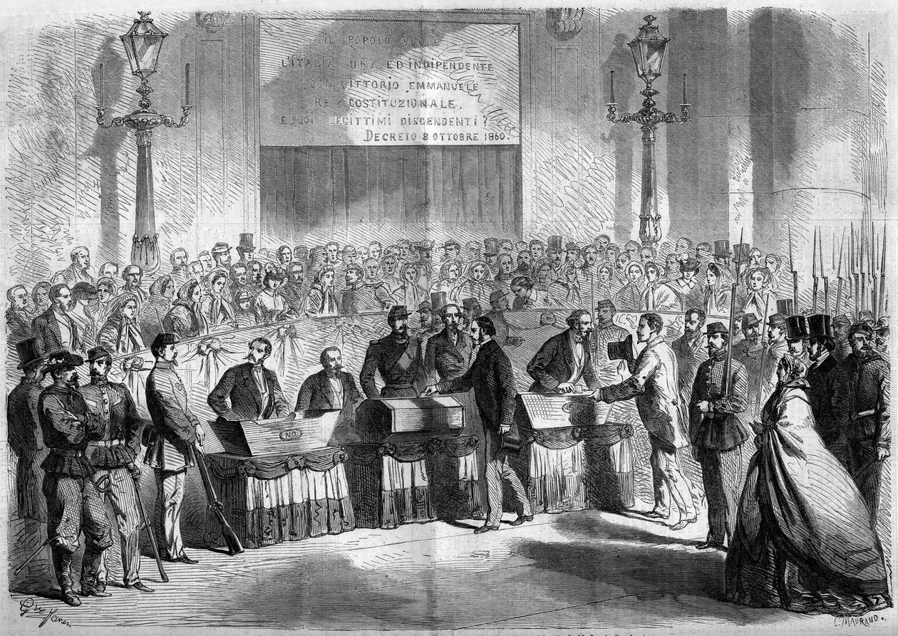 Risorgimento, Napoli, 21. oktober 1860: Befolkningens afstemning i kirken Saint Francois de Paule om byens tilknytning til Kongeriget Italien. Indgravering i "" Le Monde Illustré"" nr. 188 af 17. november 1860. af French School