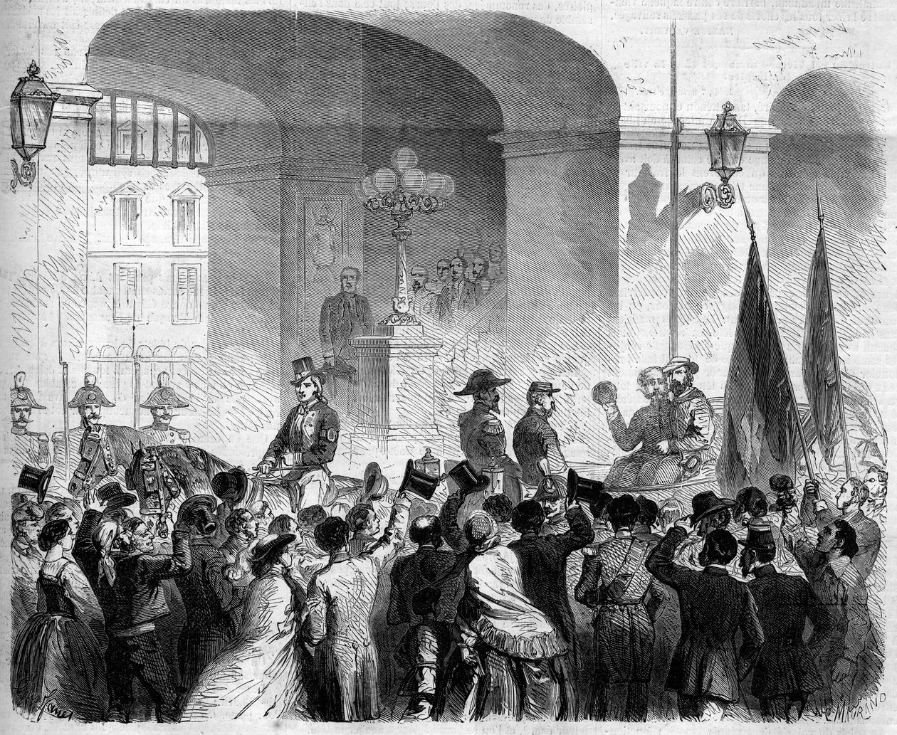Risorgimento, Napoli, 7. november 1860: Victor Emmanuel II (Victor-Emmanuel) (Vittorio Emanuele) (1820-1878), konge af Italien, indtog det kongelige palads i Napoli efter afstemningen blandt befolkningen, der accepterede Napolis tilknytning til Napoli Kong af French School