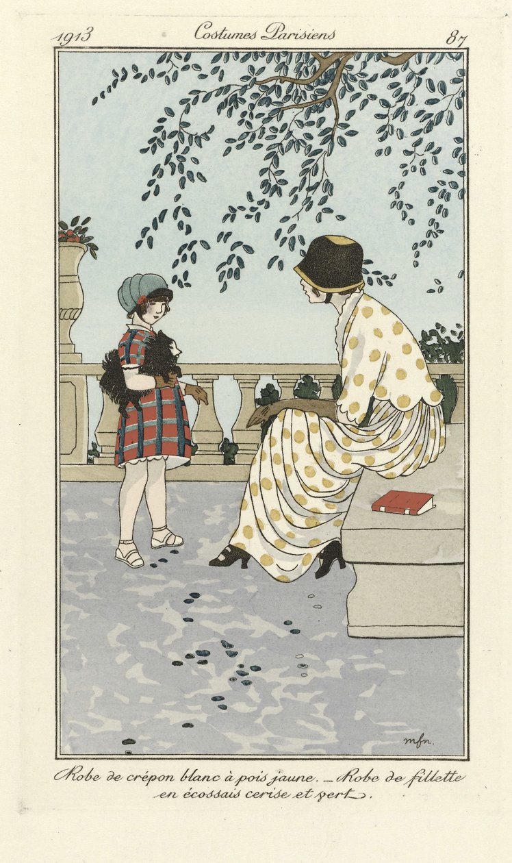 Hvid Crépon-kjole med gule prikker - Pigekjole i kirsebær og grøn skotskternet, fra Costumes Parisien, pub.1913 (stenciltryk) af French School
