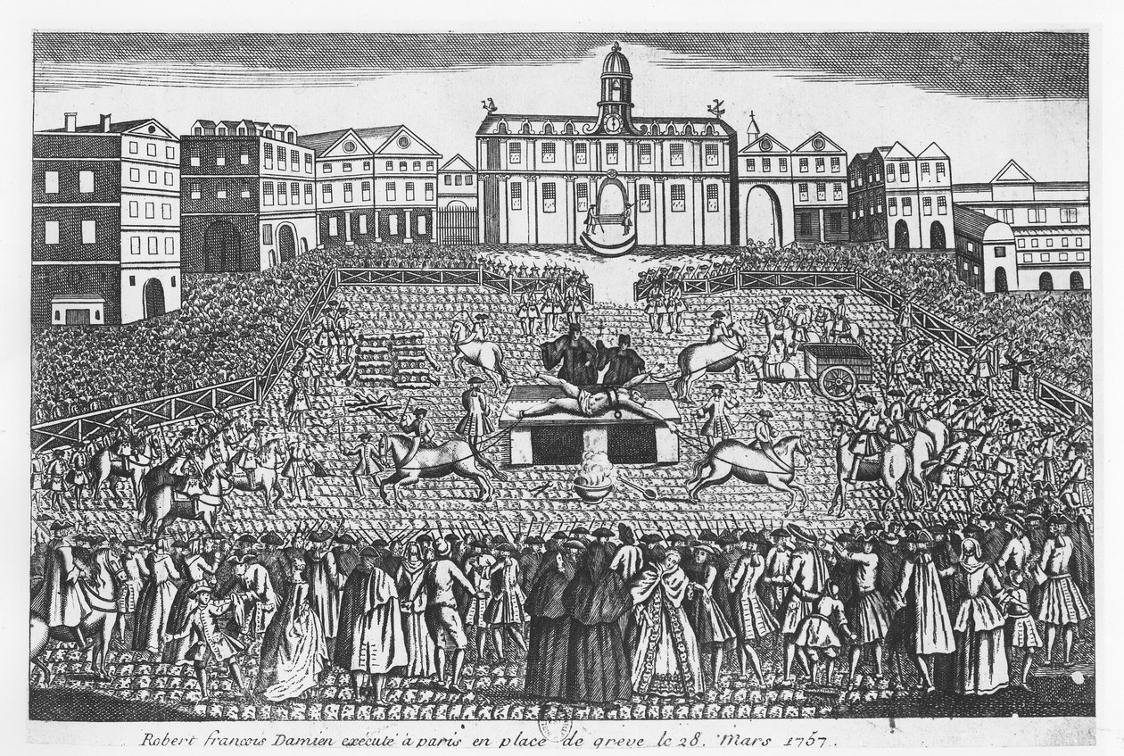 Robert-Francois Damiens henrettet på Place de Grève, Paris, 28. marts 1757 af French School
