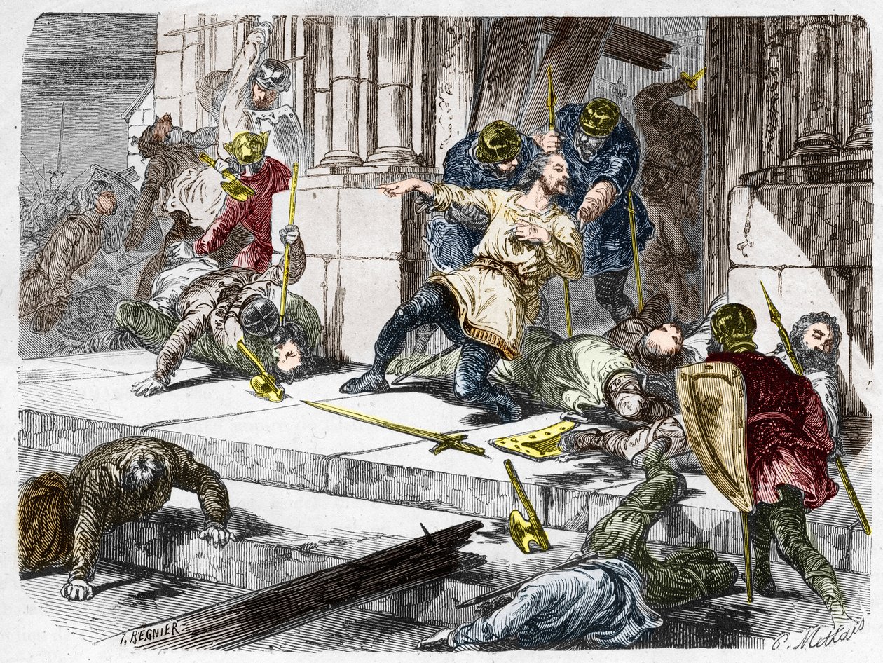 Robert the Fort døde (ca. 815-866), hertug af Frankrig, under slaget ved Brissarthe i 866, idet han modsatte francerne til en hær, der kombinerede bretonsk og viking. Indgravering i "" Histoire De France En Cent malerier af Paul Lehugeur "" 1891 af French School