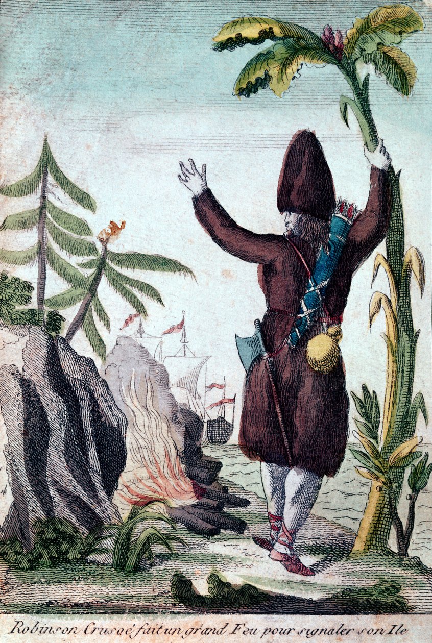 Robinson Crusoe laver bål for at henlede opmærksomheden på sin ø, Imagerie Basset (farvegravering) af French School