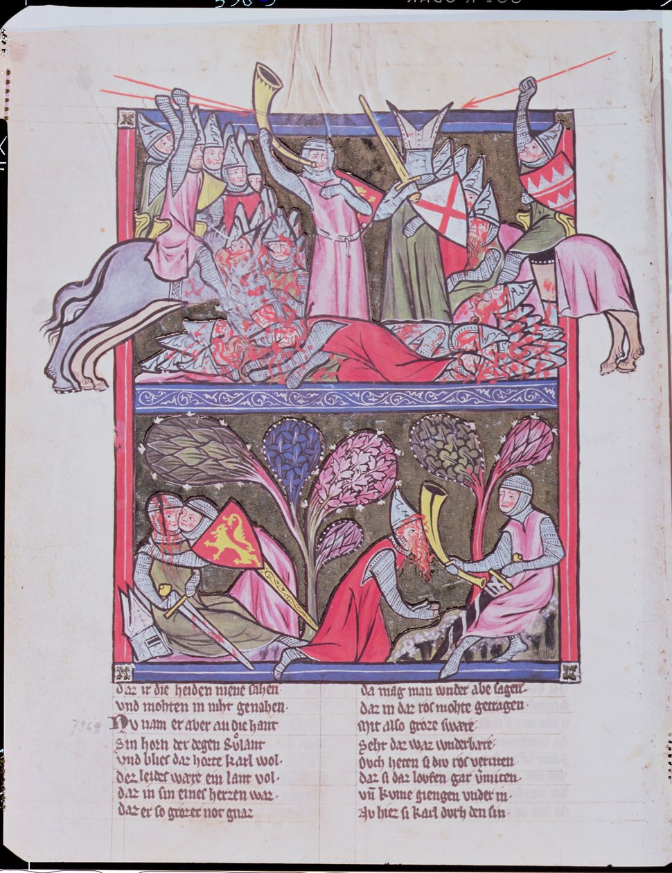 Roland blæser i hornet ved Roncevaux, illustration fra Le Chanson de Roland, kopi af et originalt manuskript konserveret i Saint-Gall i Schweiz af French School