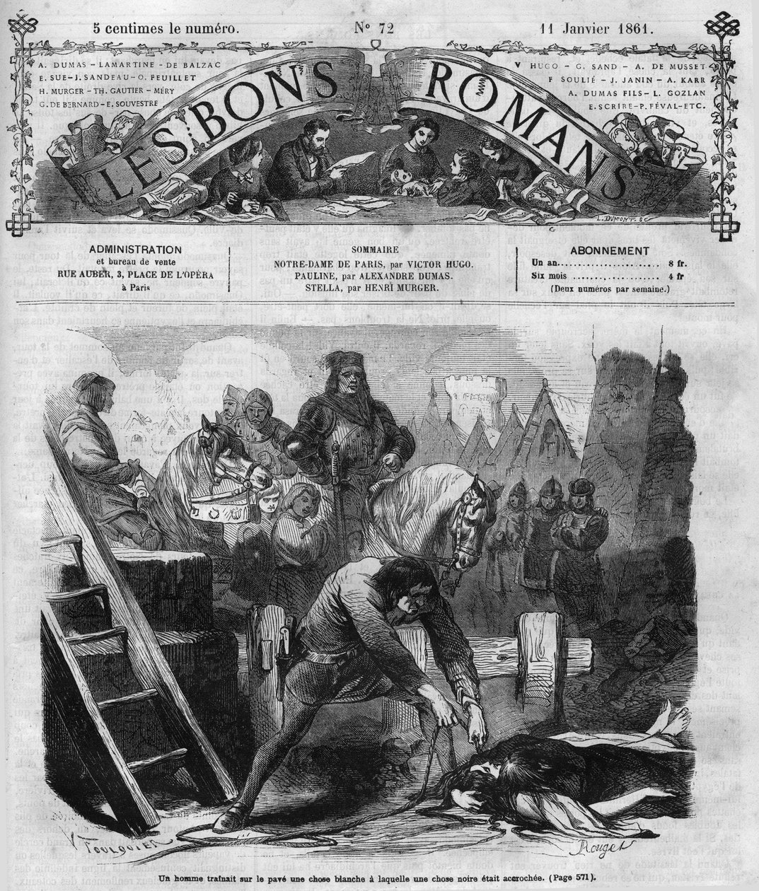 Romersk føljeton: "" Notre Dame de Paris"" af Victor Hugo (1802-1885). En mand dræner to kvinder på broen. Indgravering i "" Les bons romances"" af French School