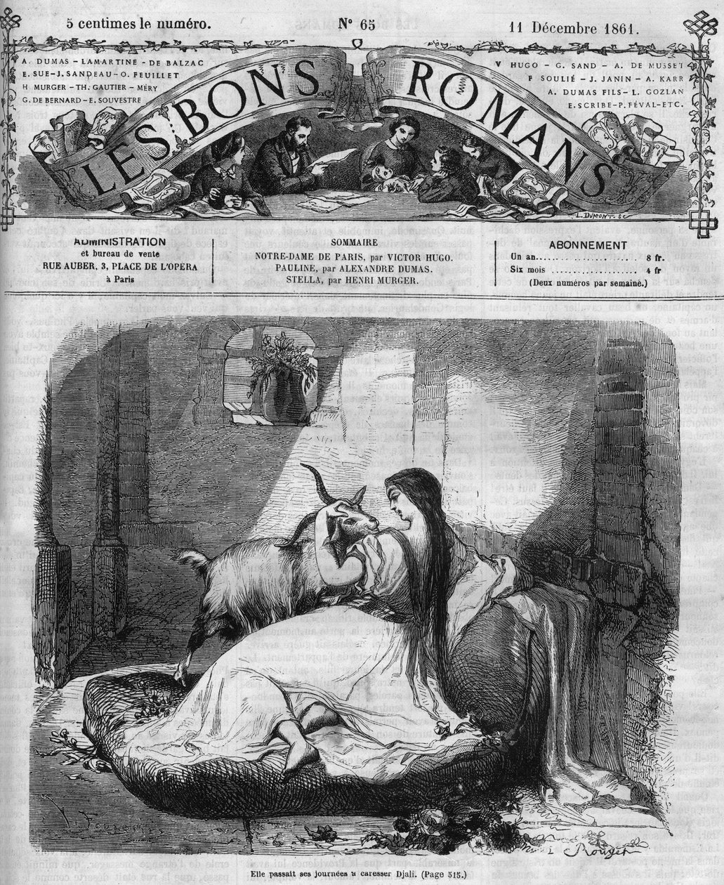 Romersk føljeton: "" Notre Dame de Paris"" af Victor Hugo (1802-1885). Esmeralda og geden. Indgravering i "" Les bons romances"" af French School