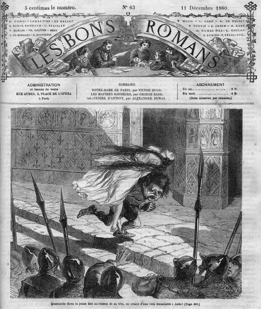 Romersk føljeton: "" Notre Dame de Paris"" af Victor Hugo (1802-1885). Quasimodo og Esmeralda. Indgravering i "" Les bons romances"" af French School