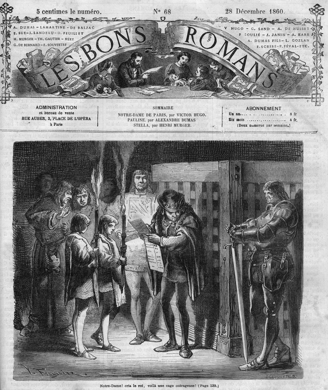 Romersk føljeton: "" Notre Dame de Paris"" af Victor Hugo (1802-1885). Kongen inspicerer buret. Indgravering i "" Les bons romances"" af French School