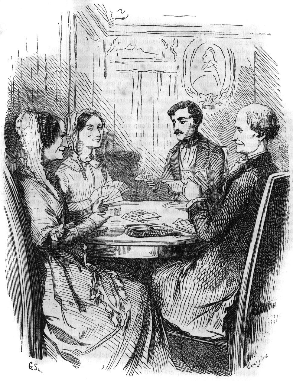 Romersk føljeton: "" Greven af Monte Cristo"" (Monte-Cristo) af Alexandre Dumas (1802-1870). Et spil kort mellem fire karakterer. Indgravering i "" Les bons romances"" af French School