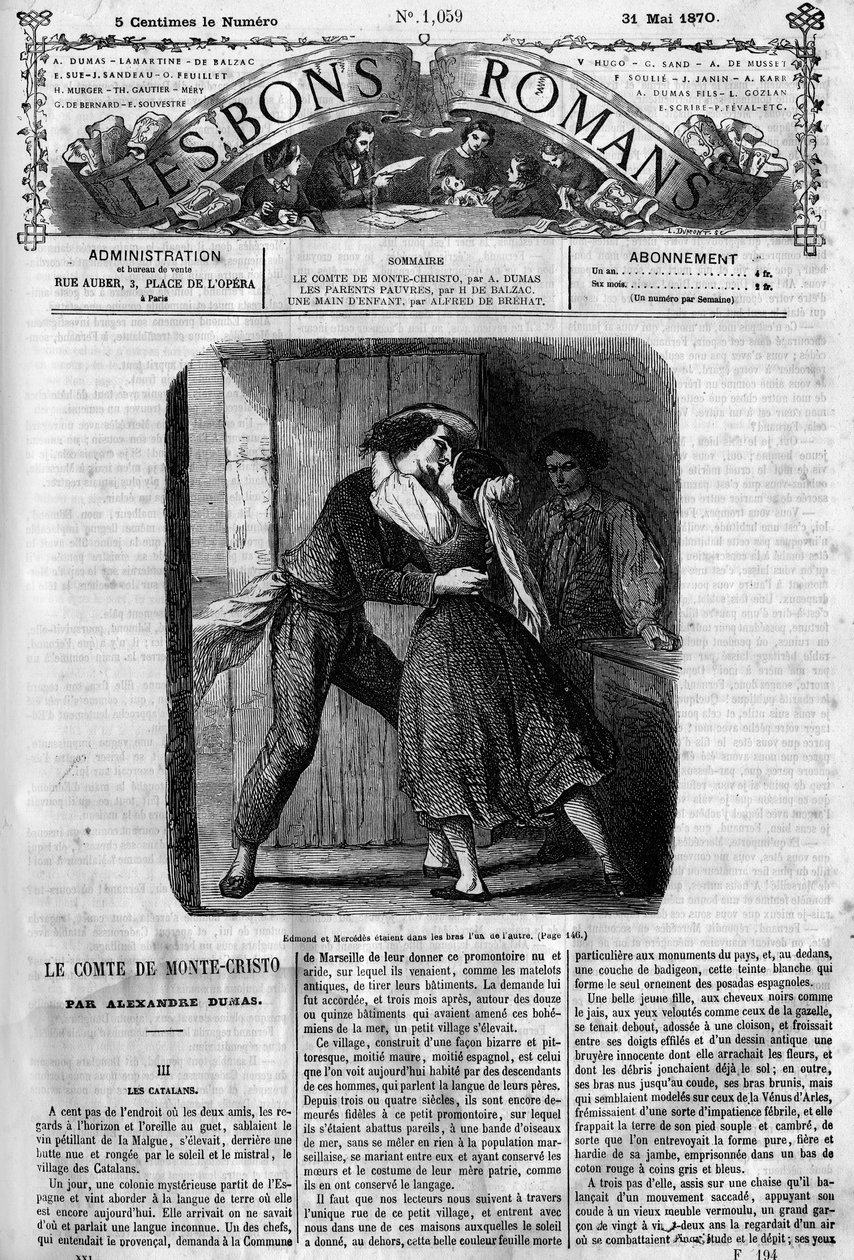 Romersk føljeton: "" Greven af Monte Cristo"" (Monte-Cristo) af Alexandre Dumas (1802-1870). Sexscene mellem Edmond Dantes og Mercedes. Indgravering i "" Les bons romances"" af French School