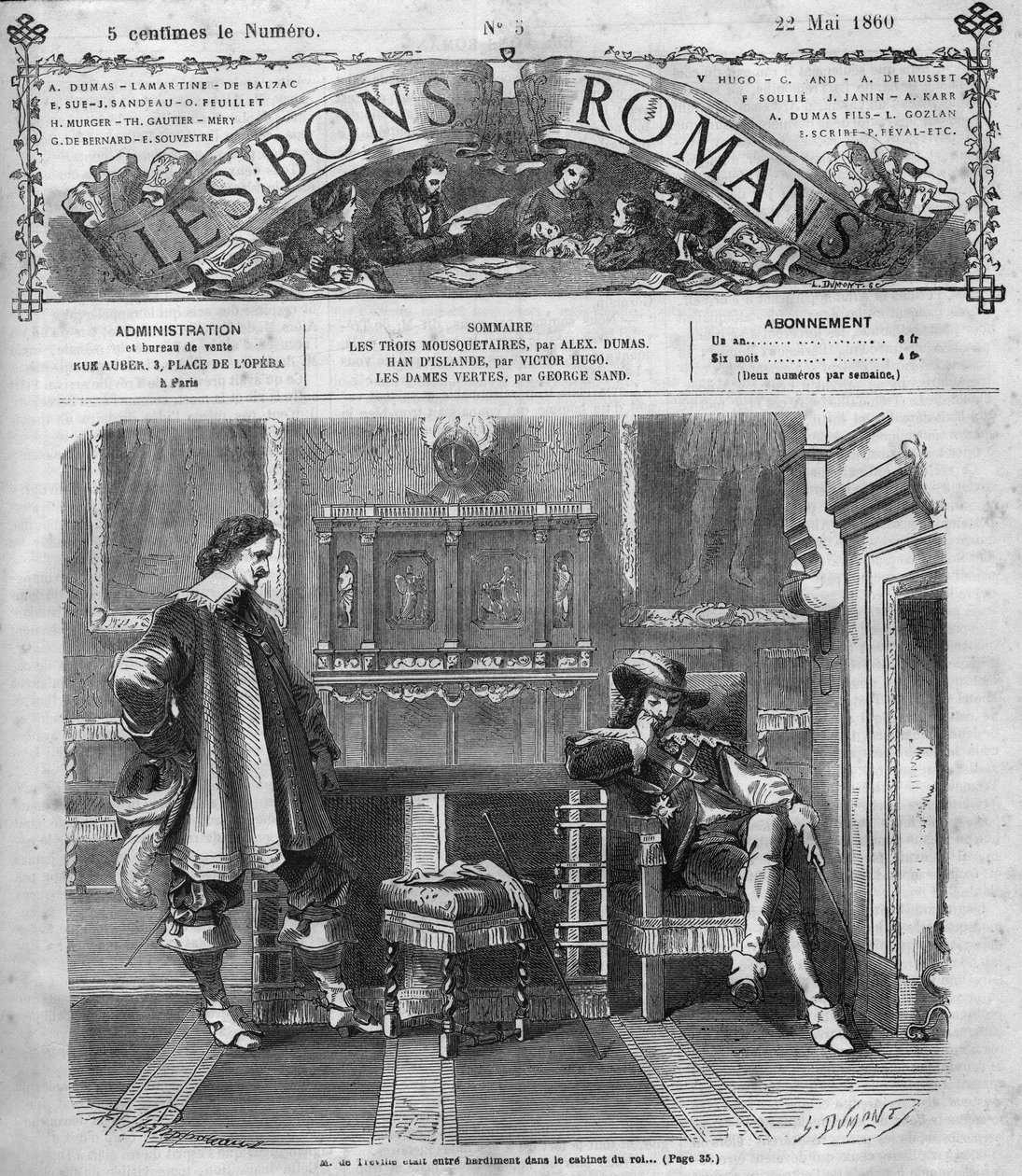 Romersk føljeton: "De tre musketerer" af Alexandre Dumas (1802-1870). Monsieur de Treville vender modigt tilbage til kongens kontor. Indgravering i "" Les bons romances"" af French School