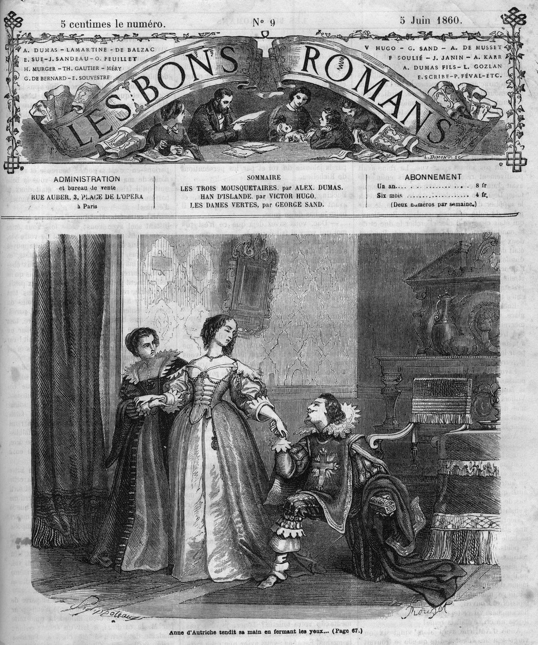 Romersk føljeton: "De tre musketerer" af Alexandre Dumas pere (1802-1870). Anne af Østrig (1601-1666) forærer hertugen af Buckingham (Georges Villiers) en æske med hendes diamantfritter. Illustration af kapitel XII. Indgravering i "" Les bons romances af French School