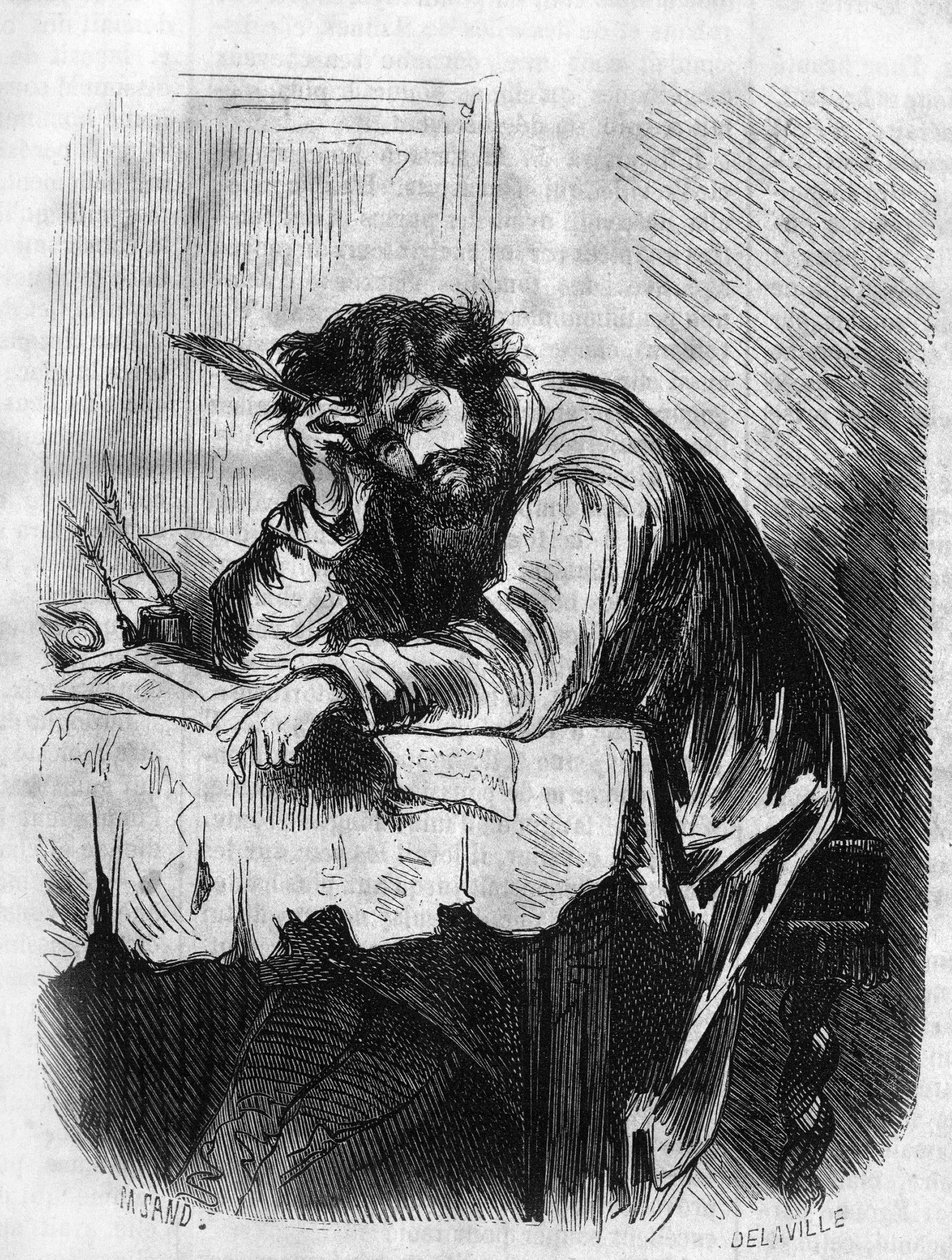 Romersk sæbeopera: "" Horace"" af George Sand (Aurore Dupin, Baronne Dudevant) (1804-1876). "Horace var engageret i litterære essays." Indgravering i "" Les bons romances"" af French School