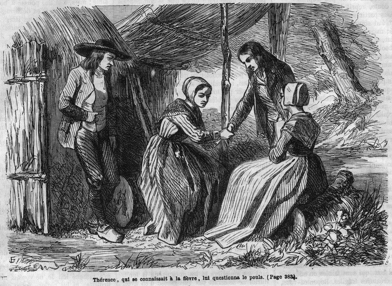 Romersk sæbeopera: "" The Master Ringers"" af George Sand (Aurore Dupin, baronesse Dudevant) (1804-1876). Derhen tager kyllingen. Indgravering i "" Les bons romances"" af French School