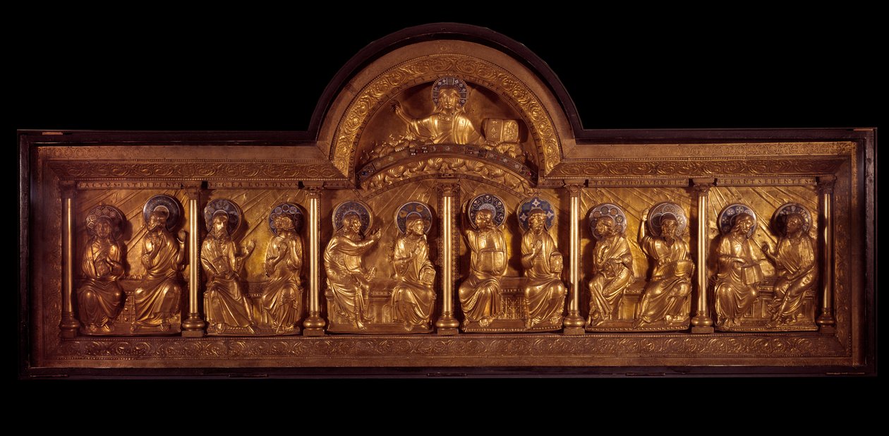 Romansk kunst: altertavle af Pentecote: antependium i træ, kobber og emalje. Fra Stavelot (Meuse) Omkring 1160-1170. Paris, Nationalmuseet for middelalderen, Thermes de Cluny af French School