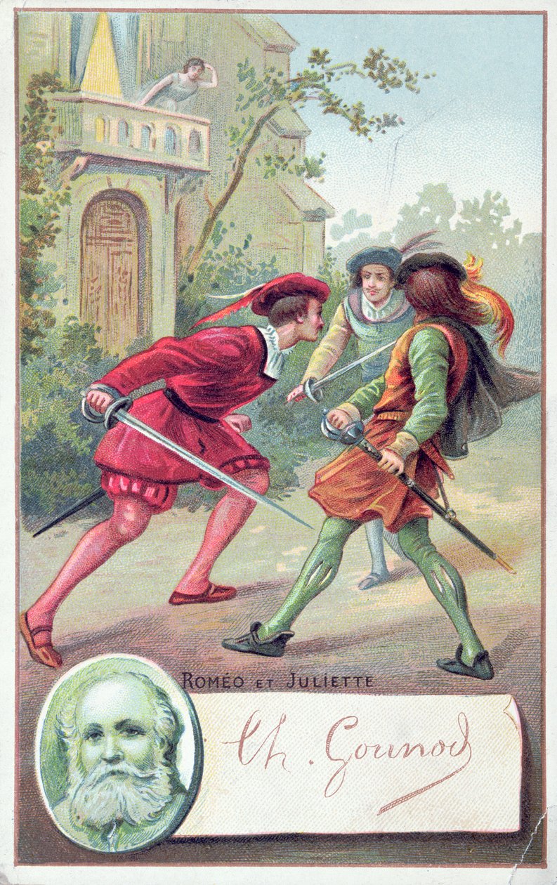 Romeo kæmper mod Tybalt i Gounods opera Romeo og Julie tilpasset fra stykket af William Shakespeare (1564-1616) af French School