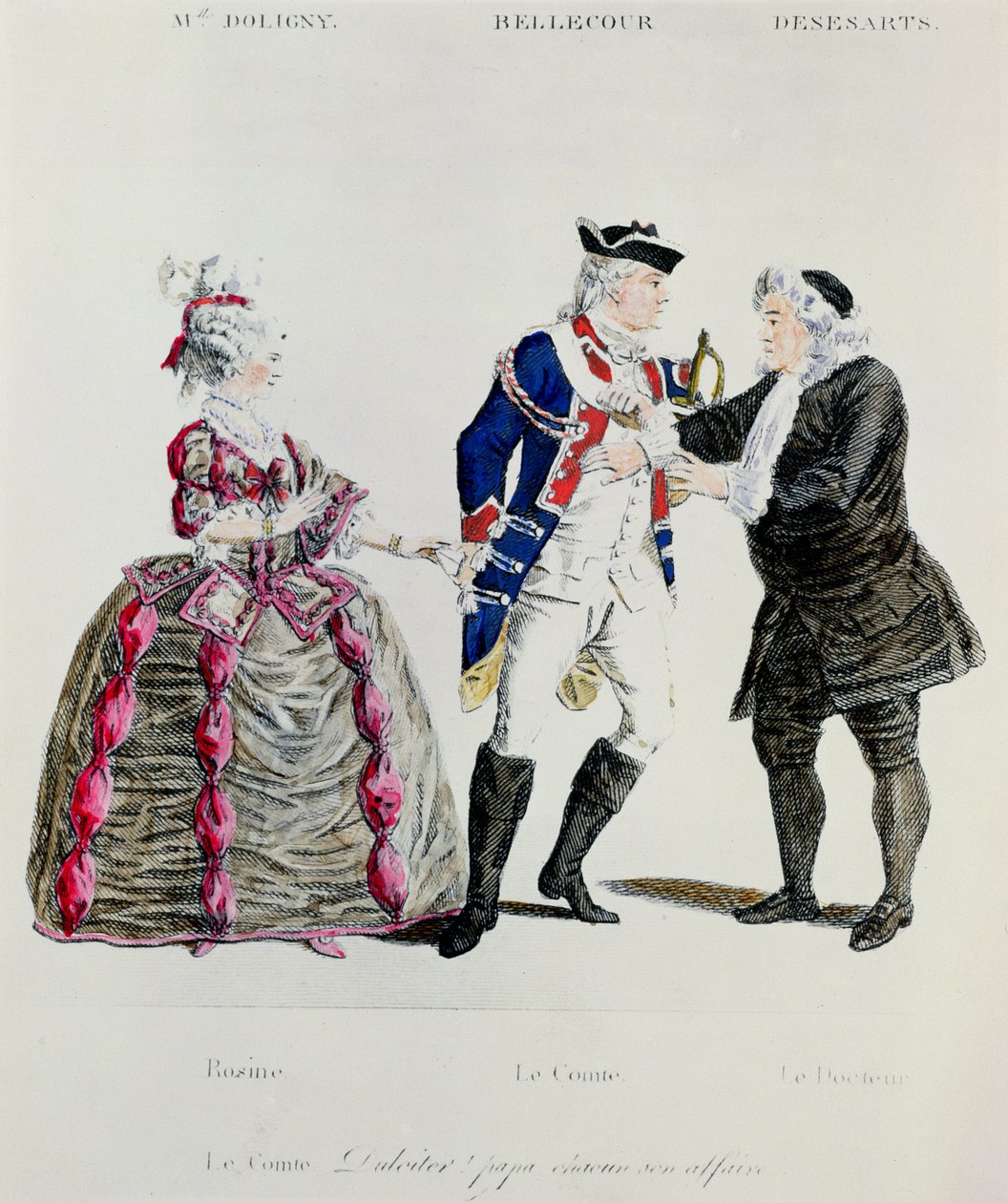 Rosine, Grev Almaviva og Doktoren, scene fra anden akts scene 13 af Barberen fra Sevilla af Pierre Augustin Caron de Beamarchais (1732-99) af French School