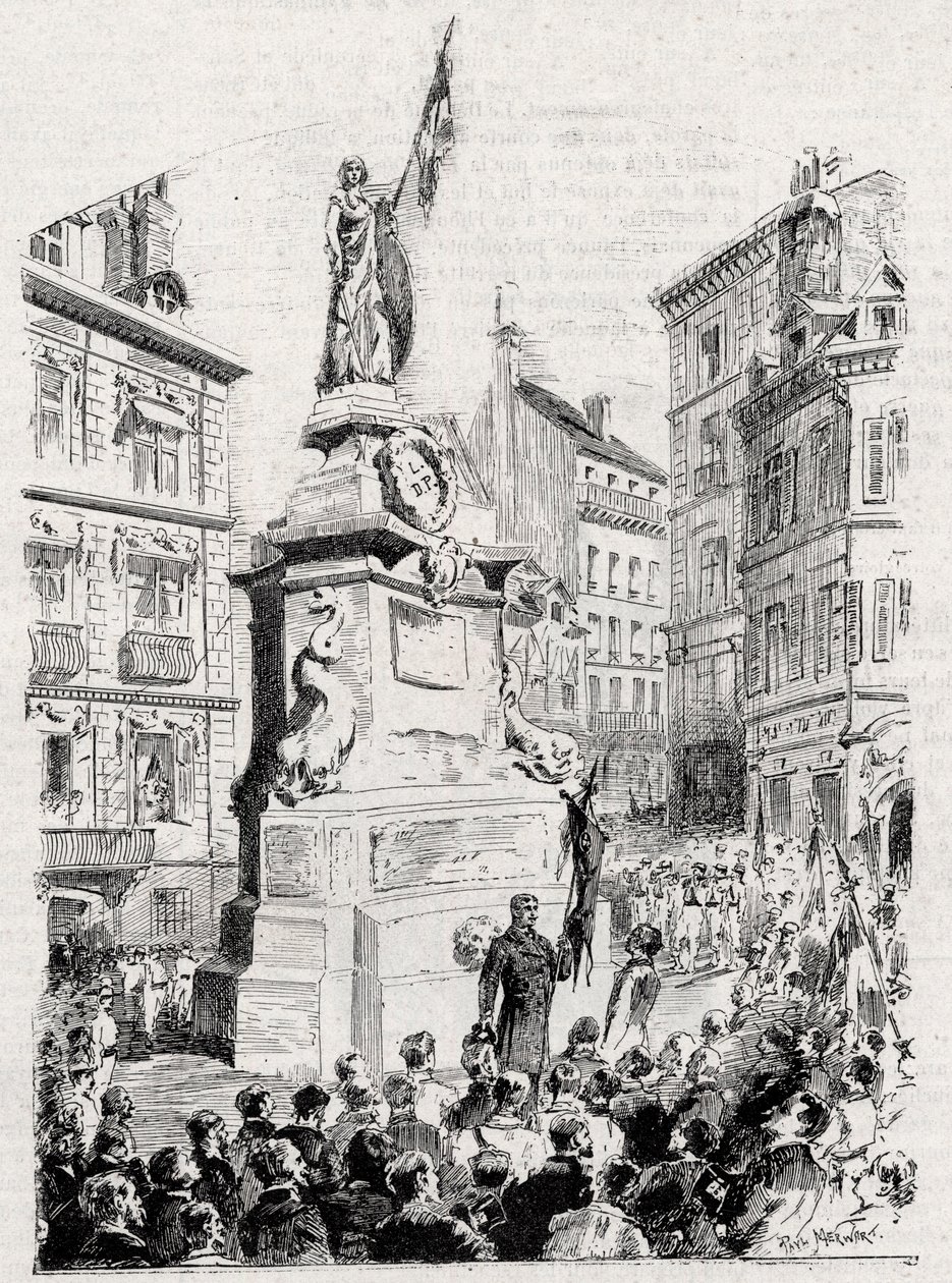 Rouen: medlemmer af League of Patriotes foran statuen af Jeanne d