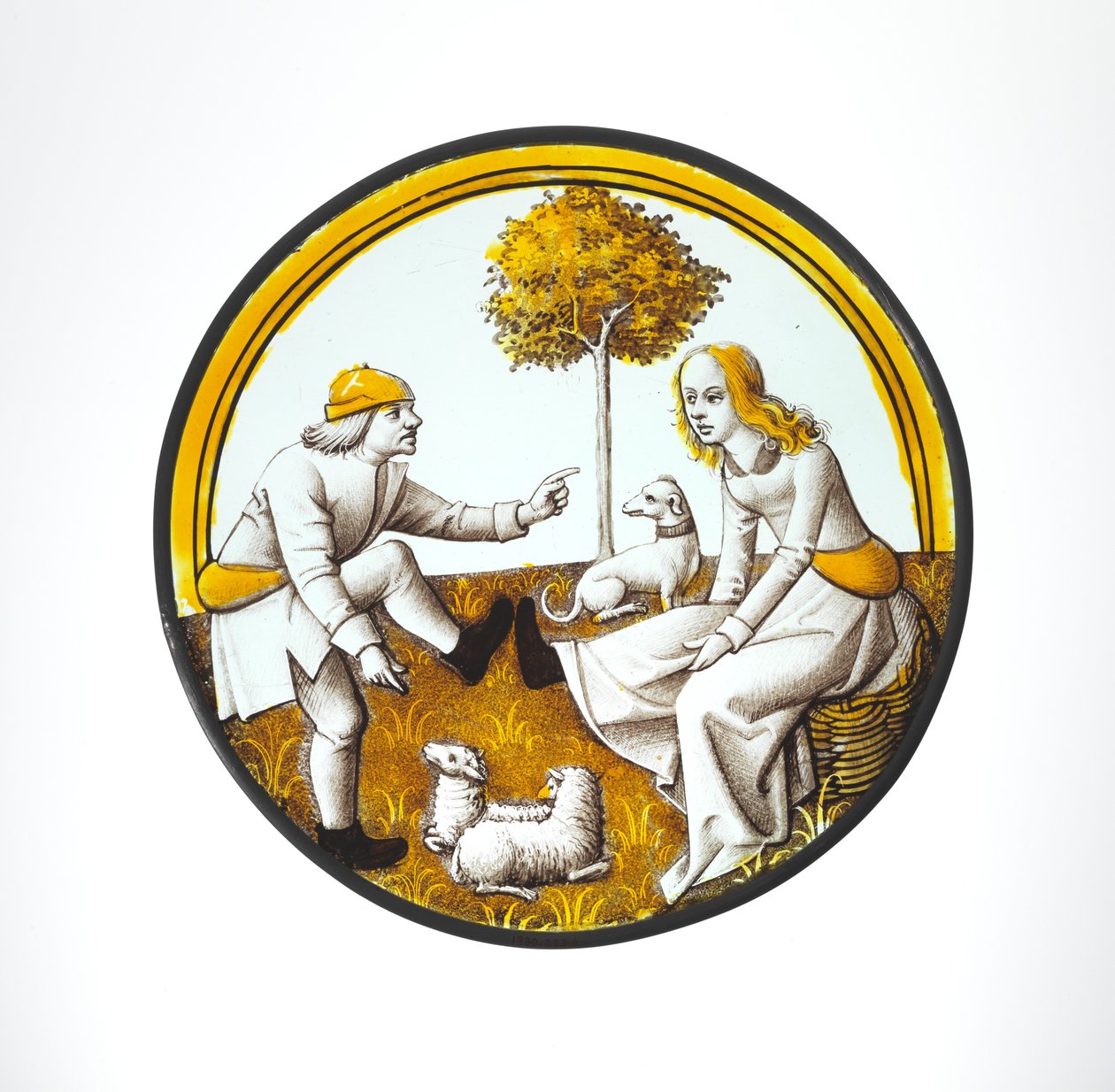 Roundel med par, der leger på Quintain, ca. 1500 (glas, glasagtig maling og sølvbejdse) af French School