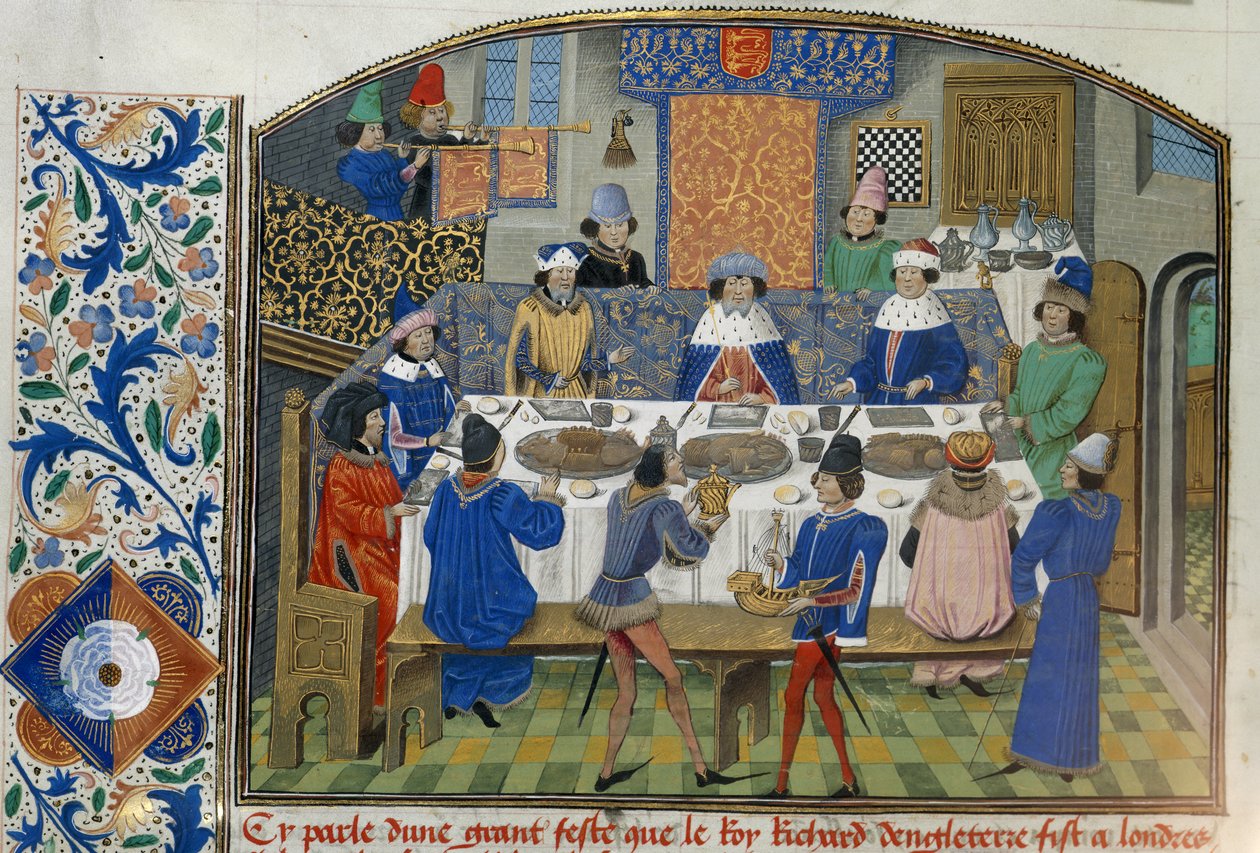 Roy 14 E IV fol.265v Dukes of York, Gloucester og Irland spiser middag med Richard II, bind III 