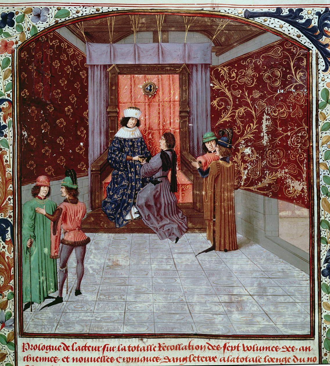 Roy 15 E IV f.14 Edward IV modtager bogen fra forfatteren, fra Old Chronicles of England, af Jean Batard de Wavrin, c.1470-80 (vellum) af French School