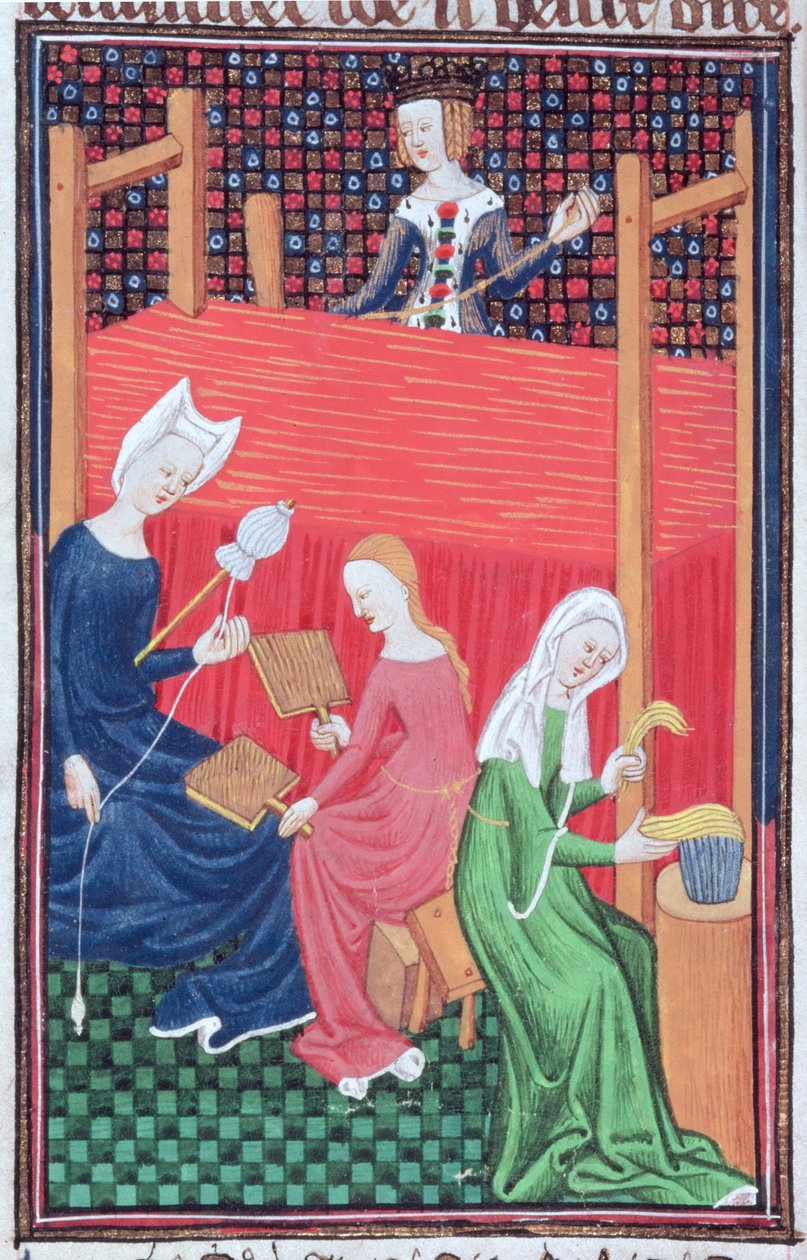 Roy 16 G V f.56 Gaia Caecilia eller Tanaquil, med væv og kvinder, der spinder, fra `De Claris Mulierbus