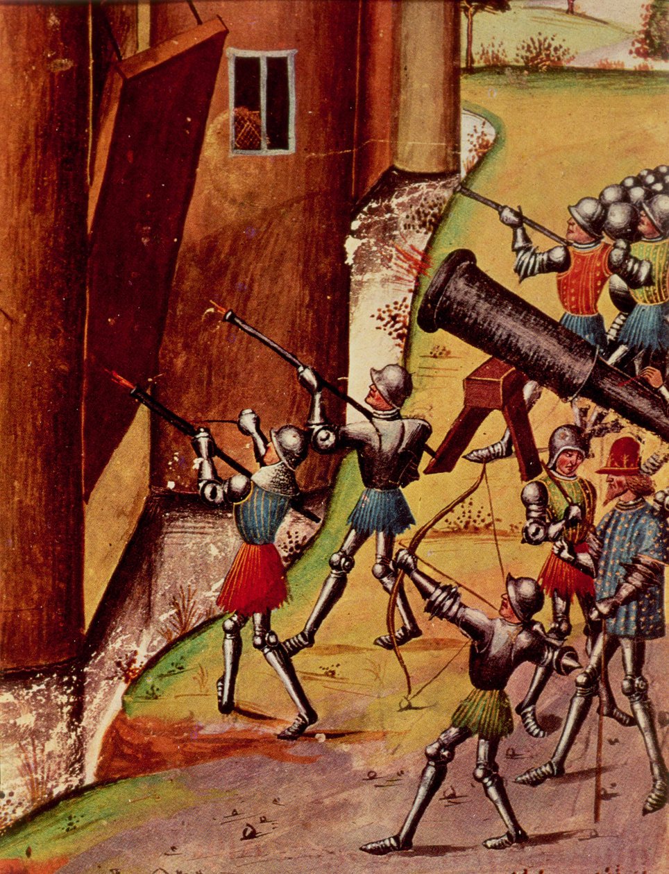 Roy 17 f.1 Soldater bevæbnet med håndkanoner, der belejrer et slot, fra Quinte Curse Ruffe des Fais du Grant Alexandre, c.1468 (vellum) af French School