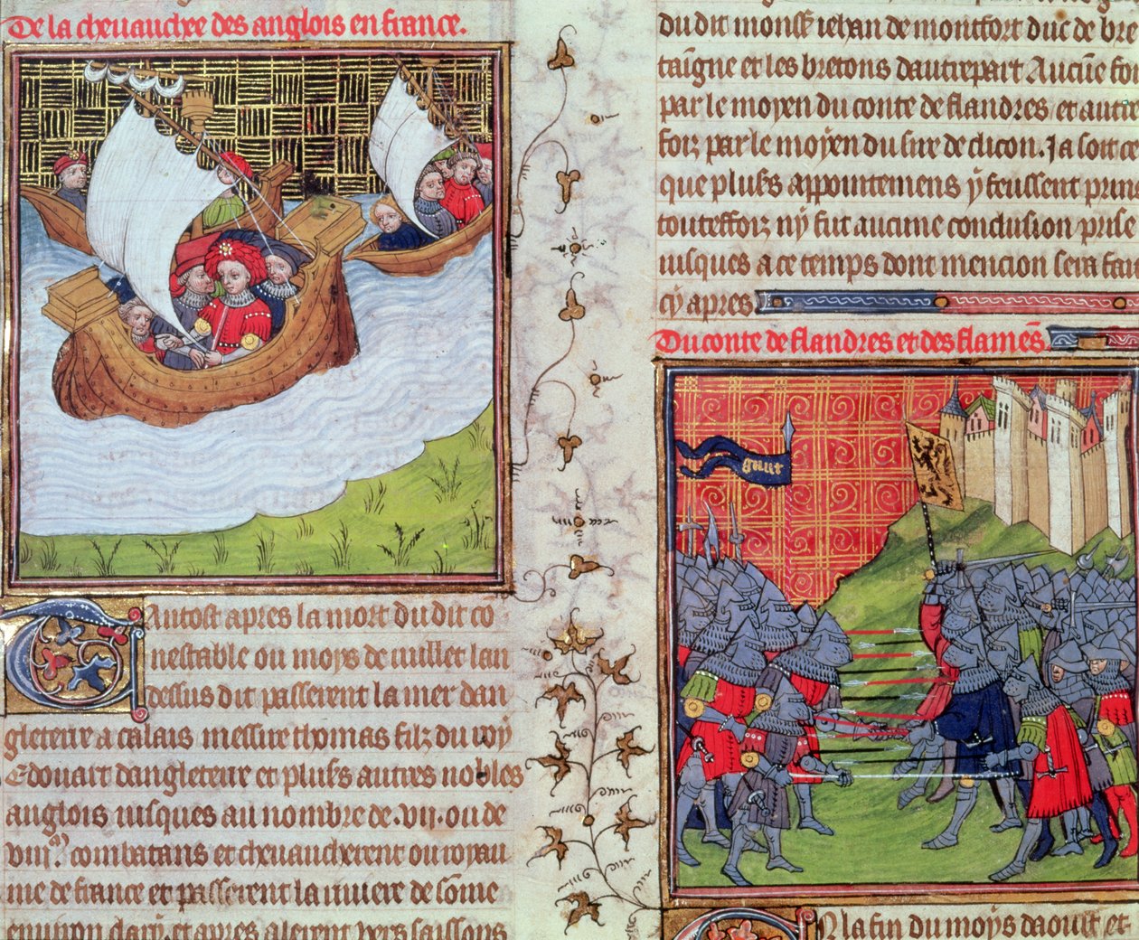 Roy 20 C VII f.219v Englænderne til søs, og slaget mellem mændene i Gent og greven af Flandern, slutningen af 1300-tallet (vellum) af French School