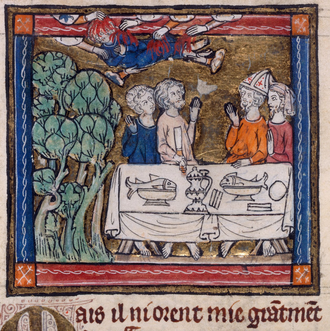 Royal 14 E. III, f.76v Seven Hands Cast Fire on Moys, illustration fra 